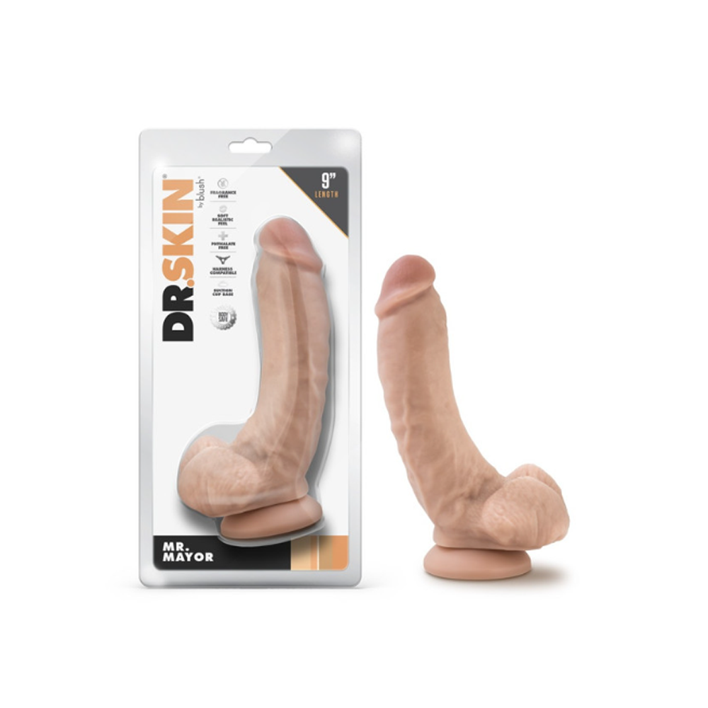 Blush Dr Skin realistic 9-inch suction cup dildo with balls in packaging.