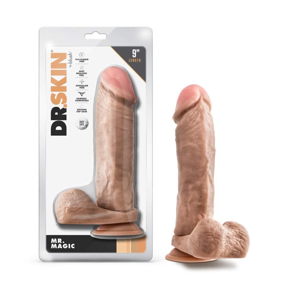 Realistic 9-inch suction cup dildo with balls in flesh tone, shown in packaging.