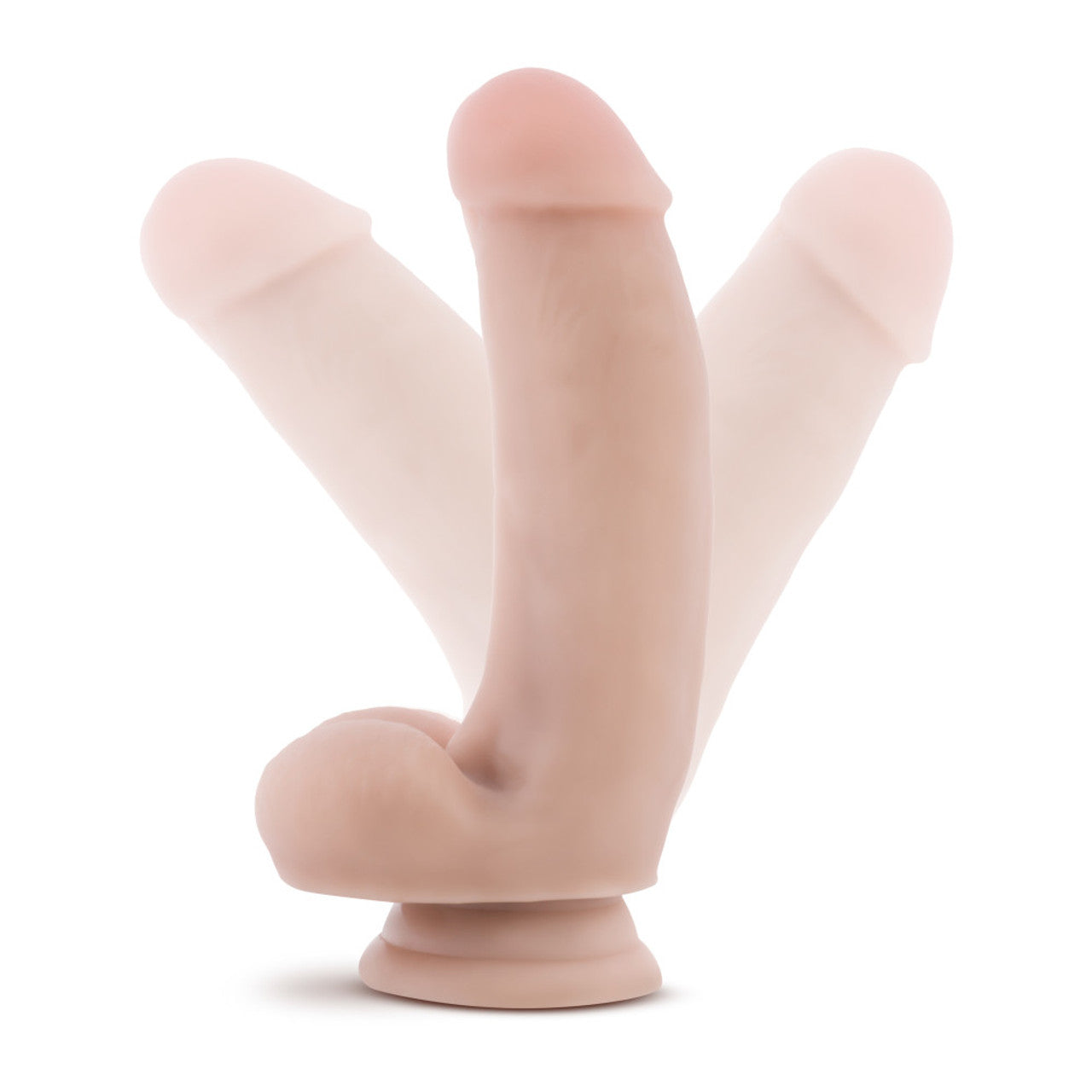 Beige realistic suction cup dildo with harness base, shown in motion blur.