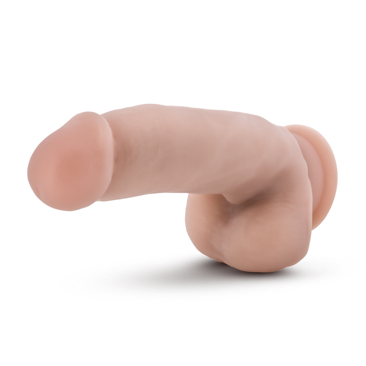 Beige realistic suction cup dildo with harness-compatible base, 7 inches long.