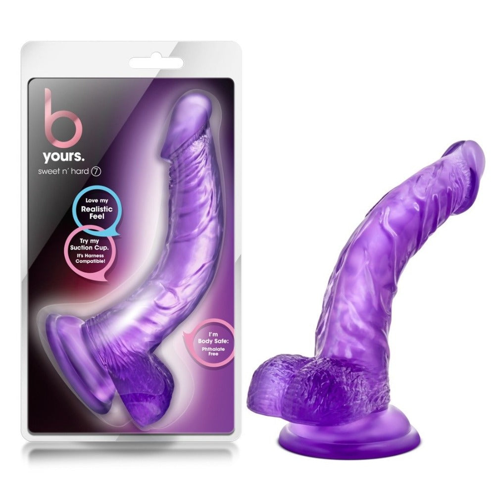 Purple 7-inch realistic G-spot dildo with suction cup base, shown in packaging.