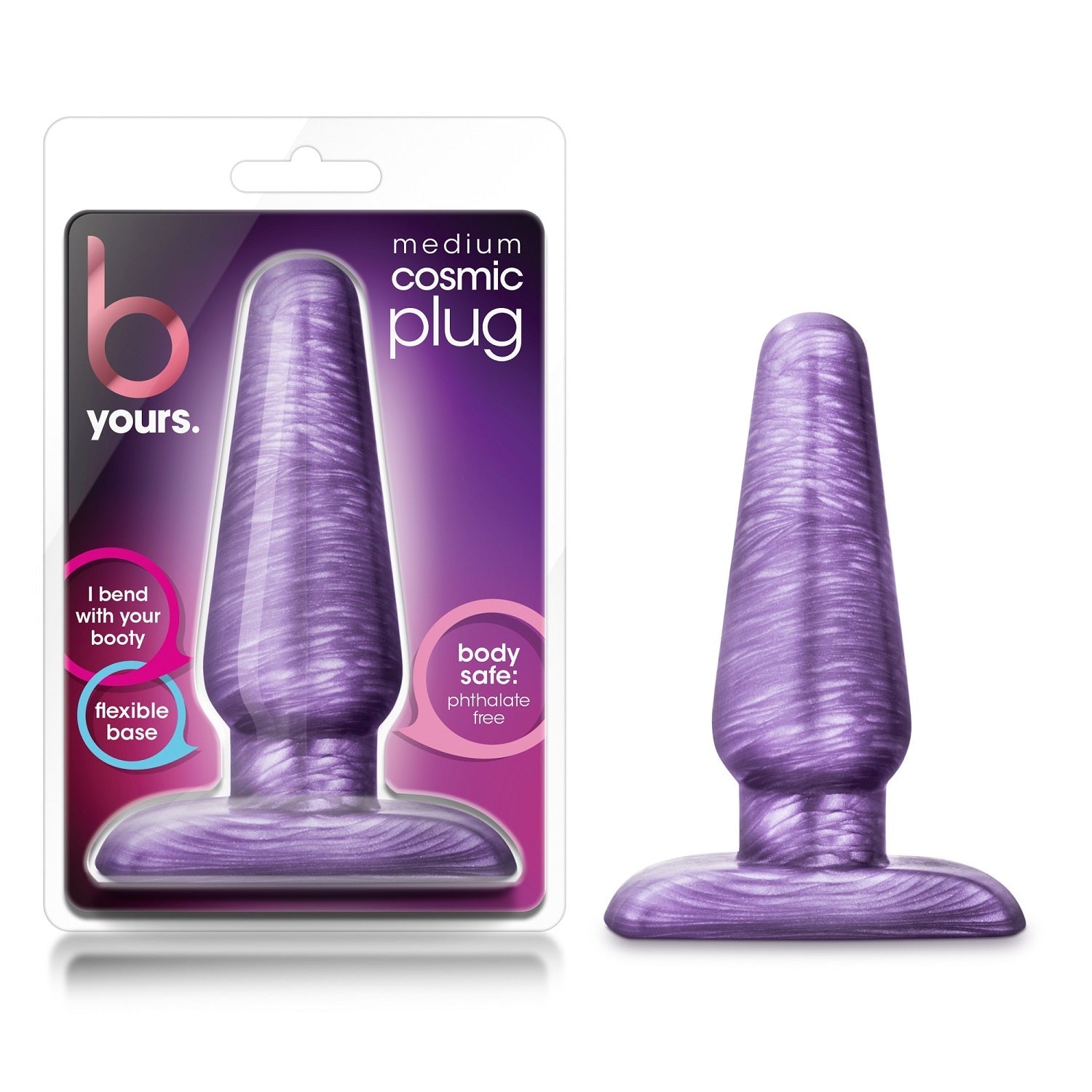 A purple, shimmering, medium-sized anal plug with a tapered shape and a wide, flexible base.