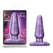 A purple, shimmering, medium-sized anal plug with a tapered shape and a wide, flexible base.