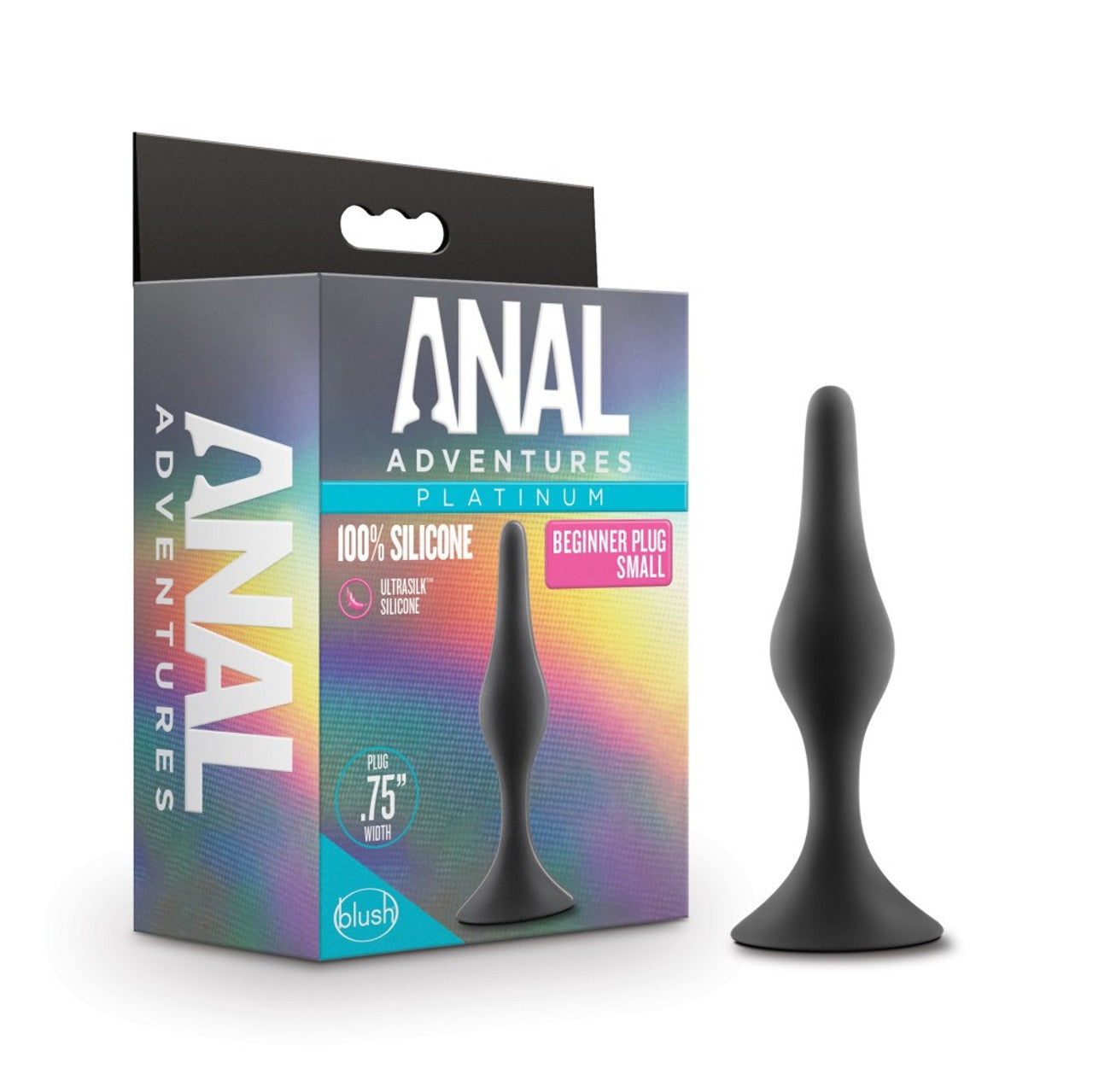 A small, black, beginner anal plug made of silicone with a flared base.