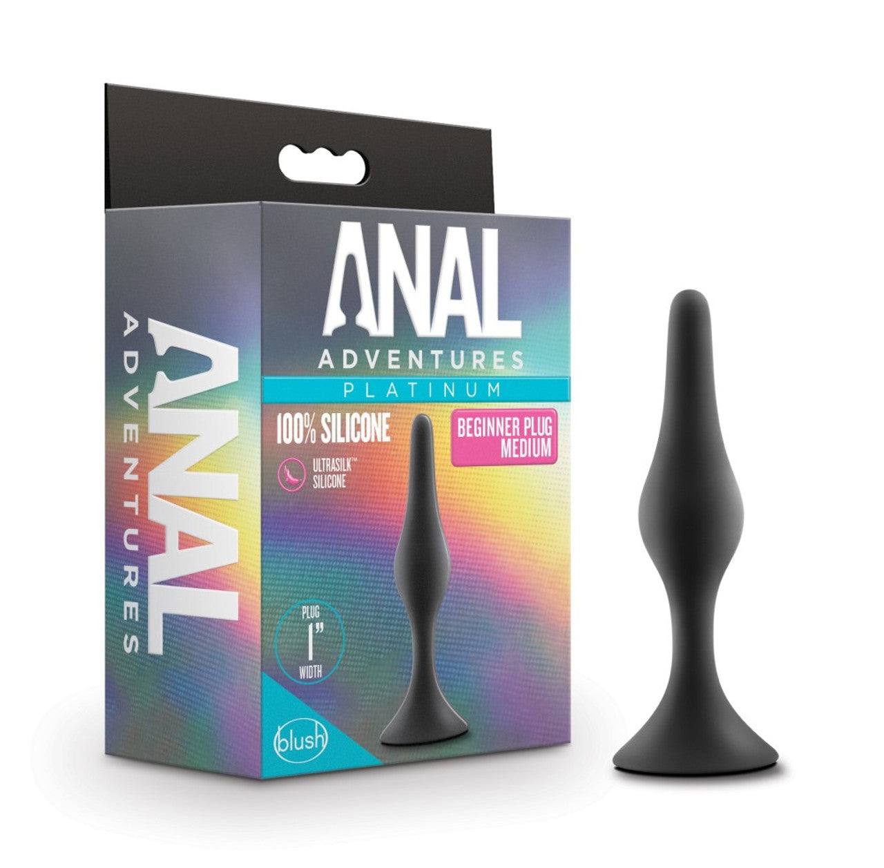 A black medium tapered silicone anal plug with a flared base, next to its packaging.