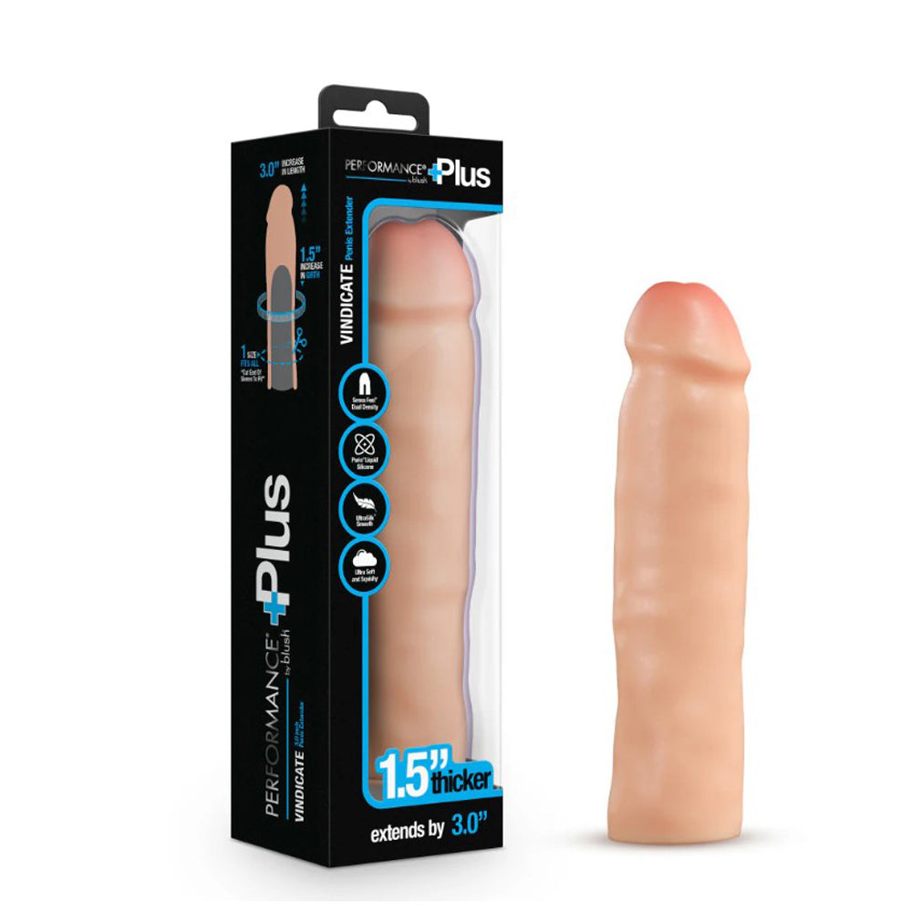 Blush Novelties Performance Plus Vindicate silicone penis extender in packaging, 1.5 inches thick and 3 inches extendable.