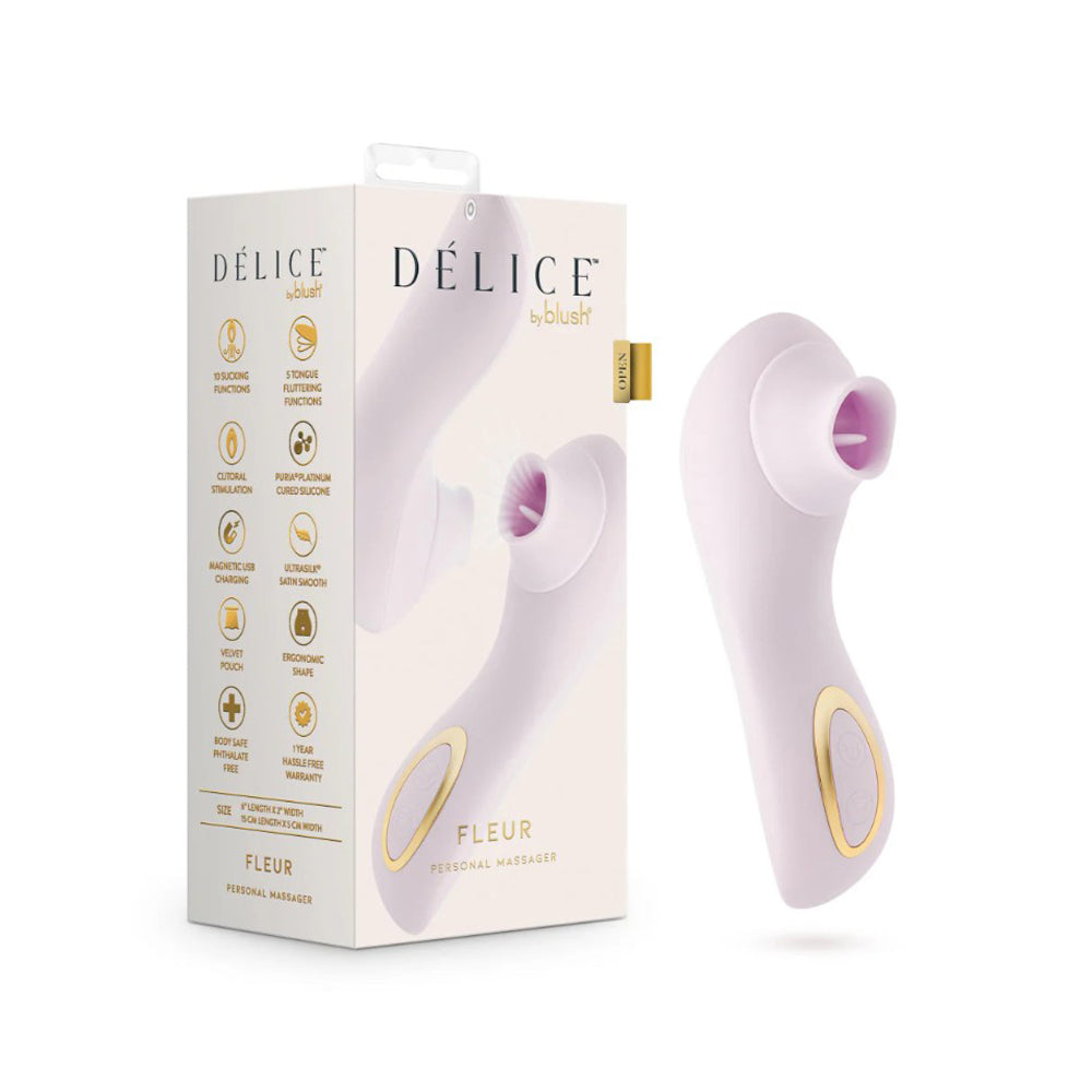 Fleur clitoral massager in blush with suction and fluttering functions.