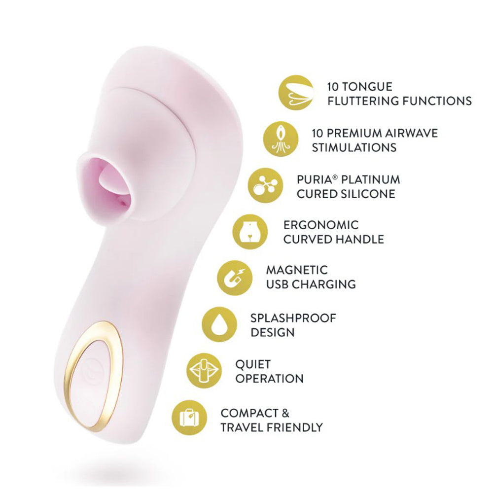 Pink clitoral massager with gold accents, featuring icons for 10 tongue fluttering functions, 10 airwave stimulations, silicone, ergonomic handle, magnetic USB charging, splashproof design, quiet operation, and travel-friendly size.