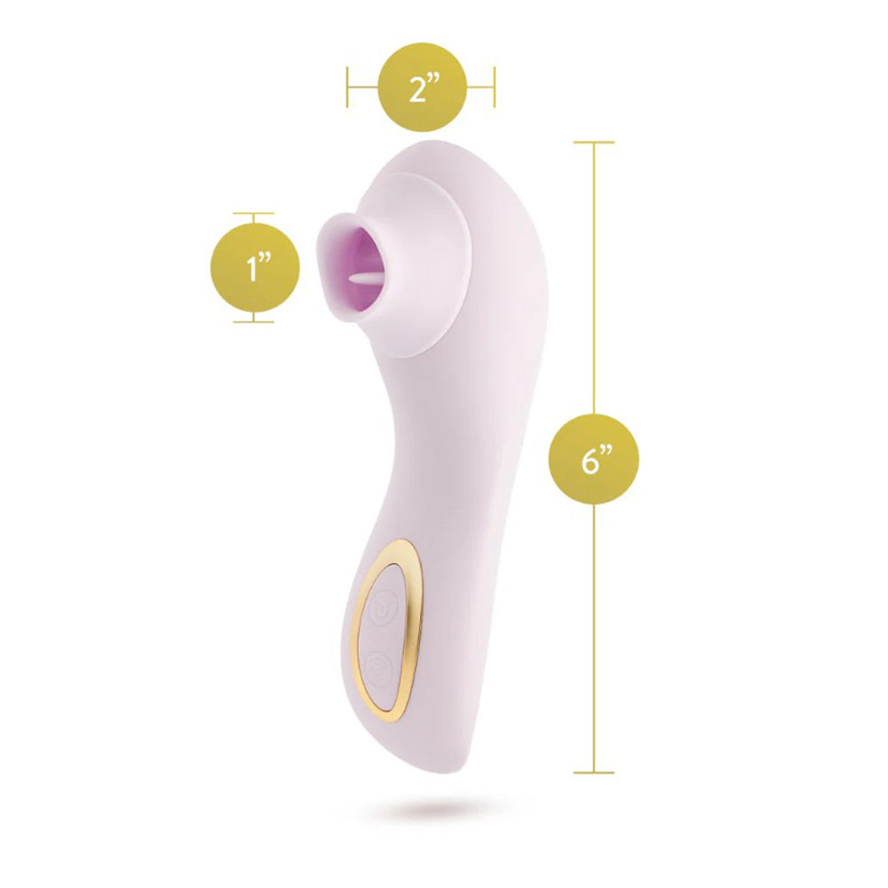 Blush silicone clitoral massager with suction and fluttering features, measuring 6 inches long.