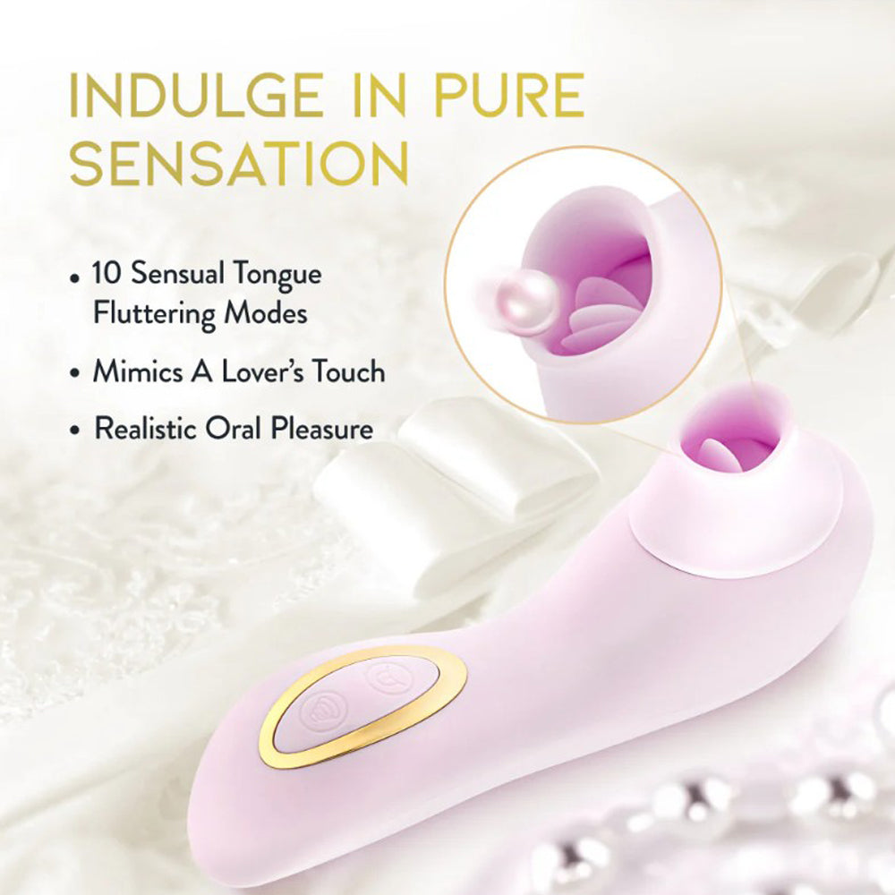 A pink clitoral suction and fluttering massager with gold accents.