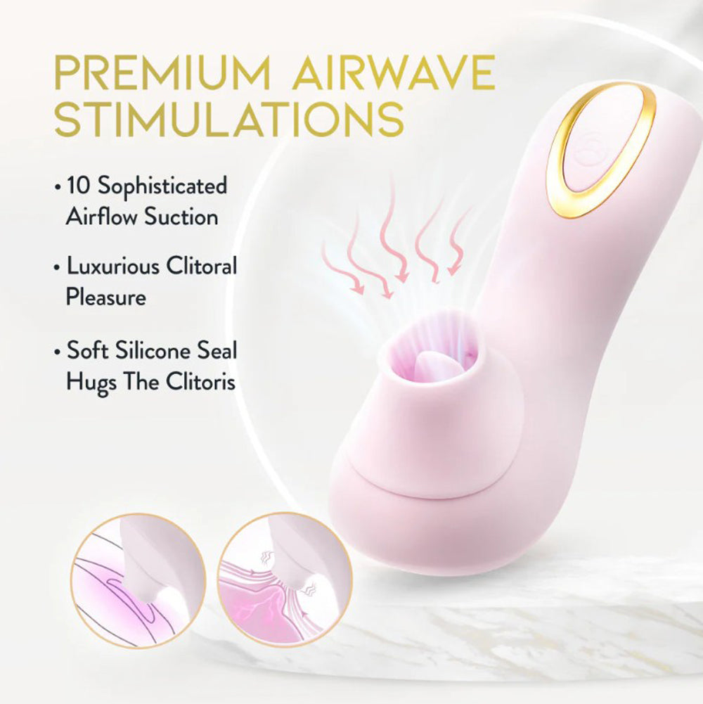 A pink clitoral massager with a gold accent, featuring suction and fluttering sensations.