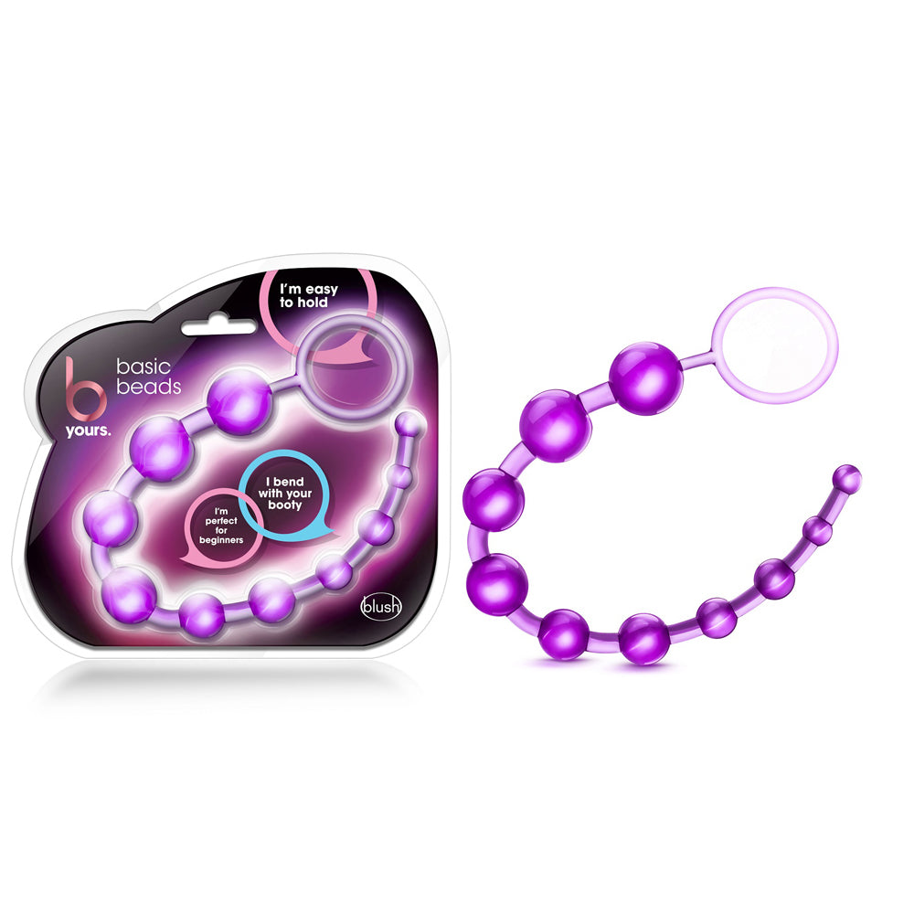 Purple graduated anal beads with a retrieval loop on a white background.