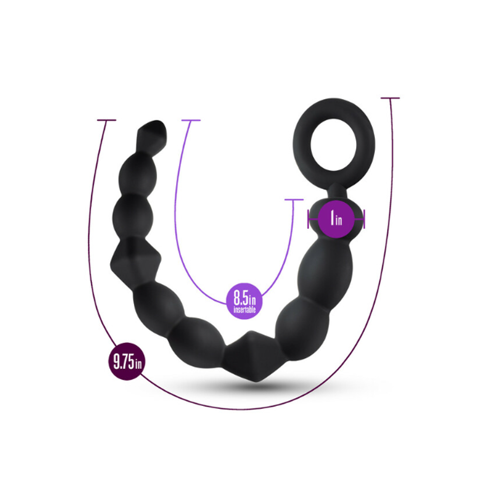 Black silicone anal beads with a looped handle and size indicators.