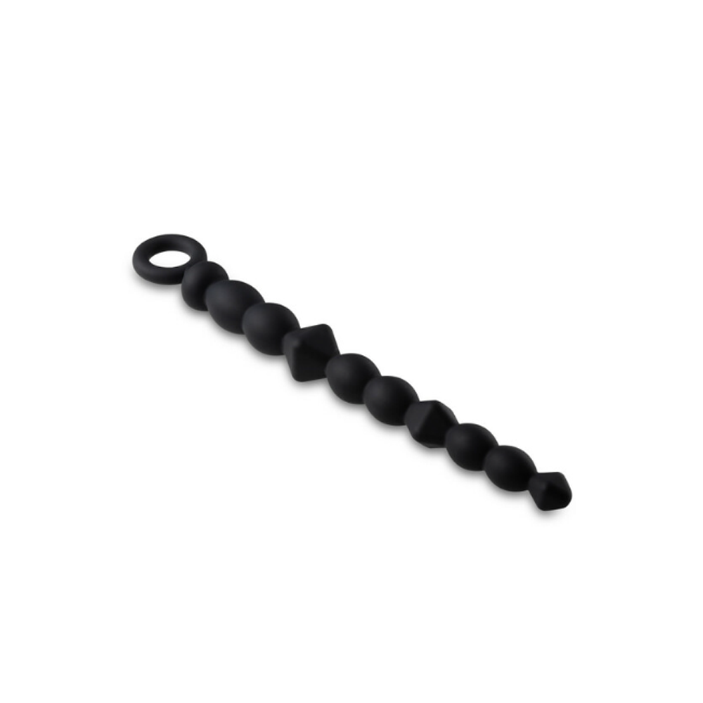 Black silicone anal beads with a looped handle.