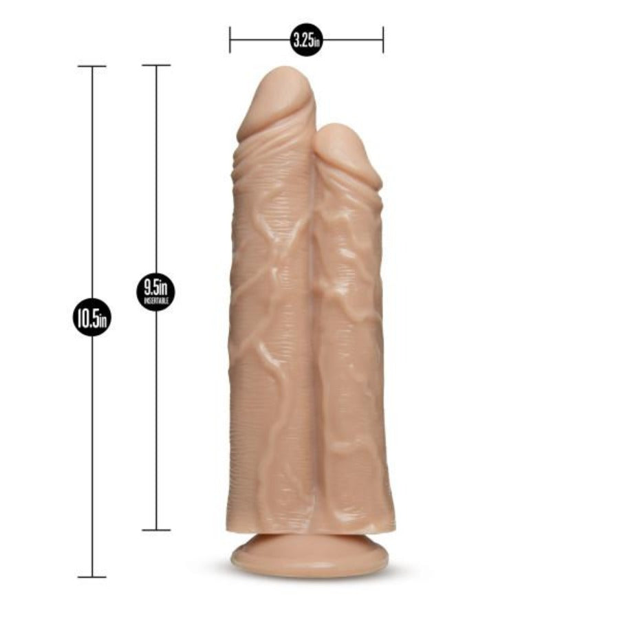 Realistic double shaft suction cup dildo with veined texture and measurements.