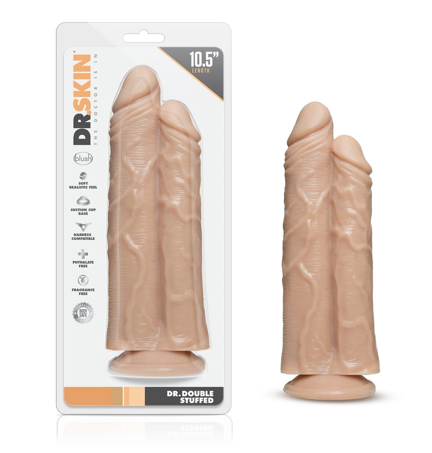 Double shaft realistic suction cup dildo in flesh tone, 10.5 inches long, by Dr Skin.