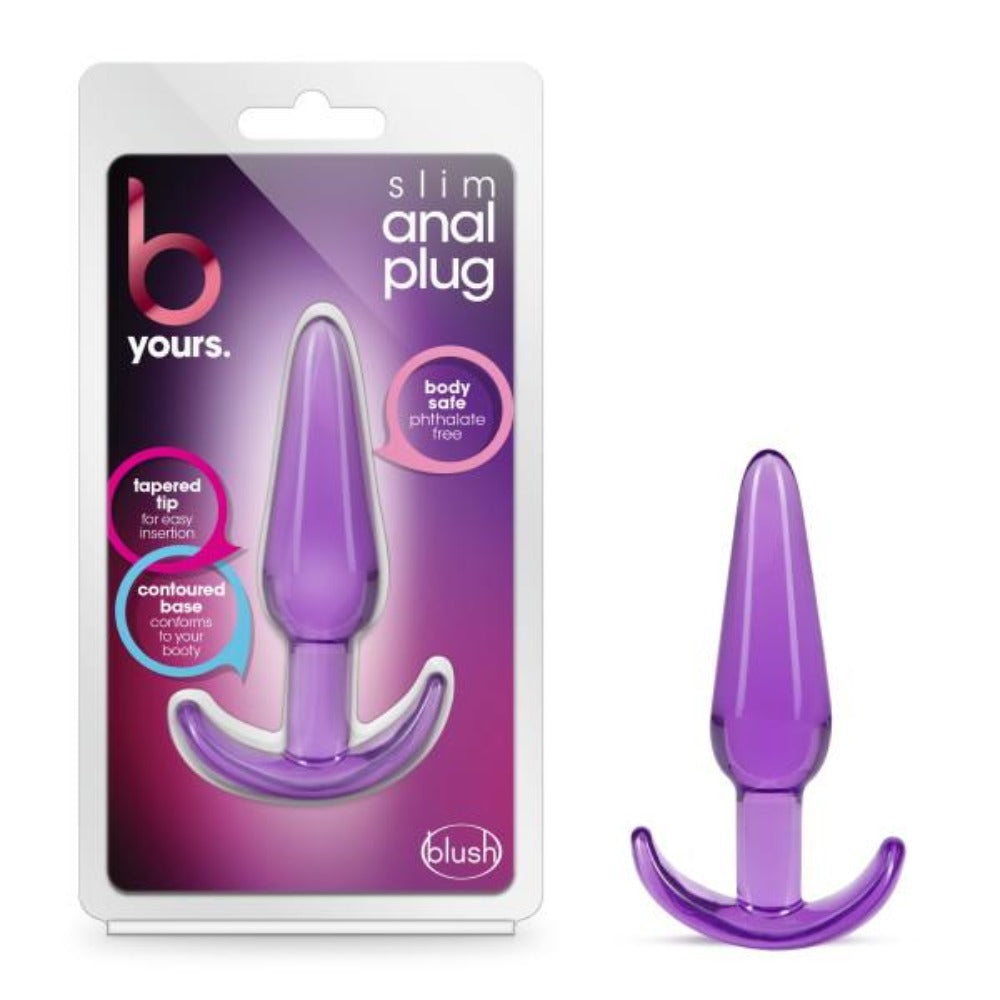 Purple silicone slim anal plug with tapered tip and contoured base.