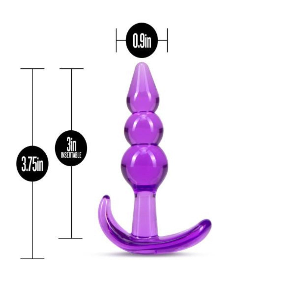 Purple triple bead anal plug with a tapered tip and flared base.