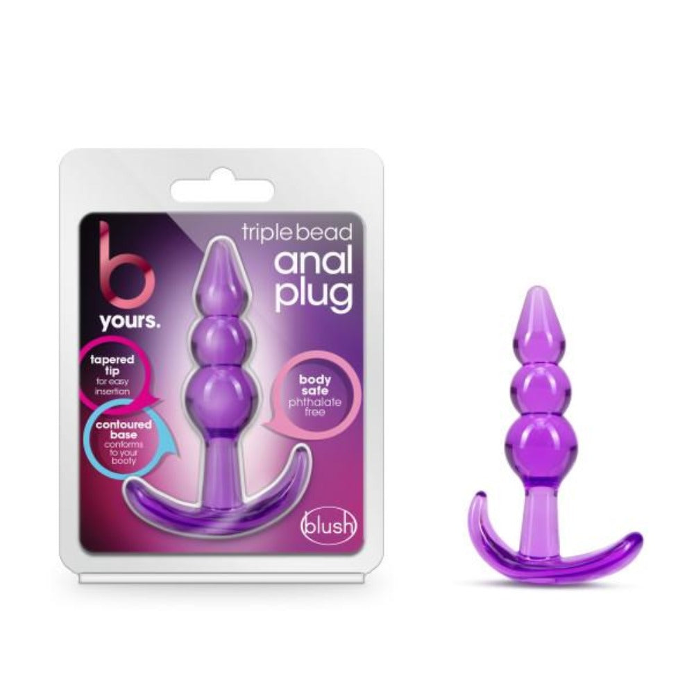 Purple triple bead anal plug with tapered tip and flared base.