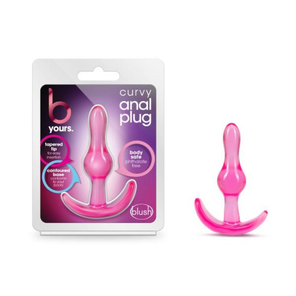 Pink curvy anal plug with tapered design and contoured base.