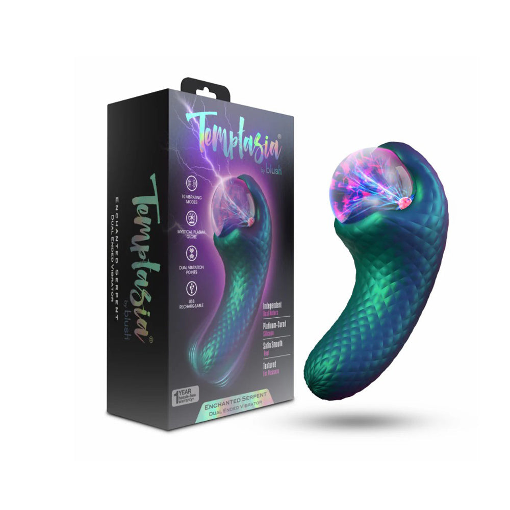 Enchanted Serpent Dual Motor Plasma Vibrator by Blush with a textured green body and glowing plasma globe.