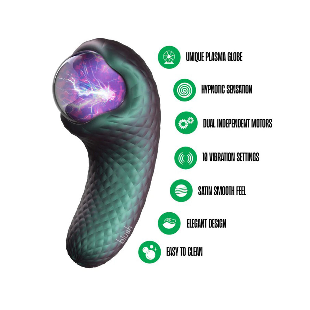 A green textured vibrator with a plasma globe and text listing features.