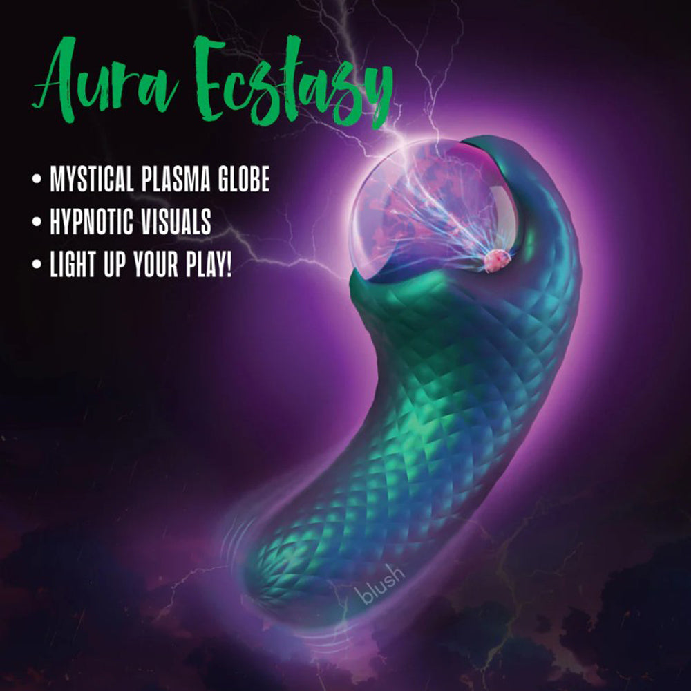 A green and blue textured vibrator with a glowing plasma globe on top.