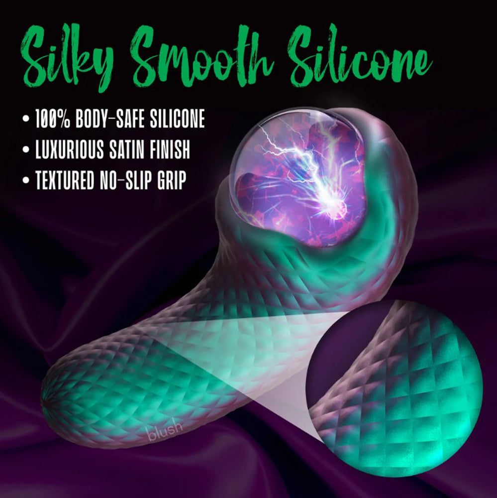 A teal and purple vibrator with a glowing plasma ball and textured grip.