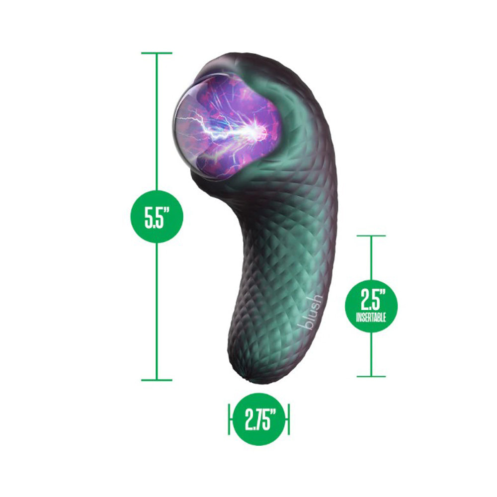 Dual motor vibrator with a textured silicone body and a glass globe with a plasma light display.