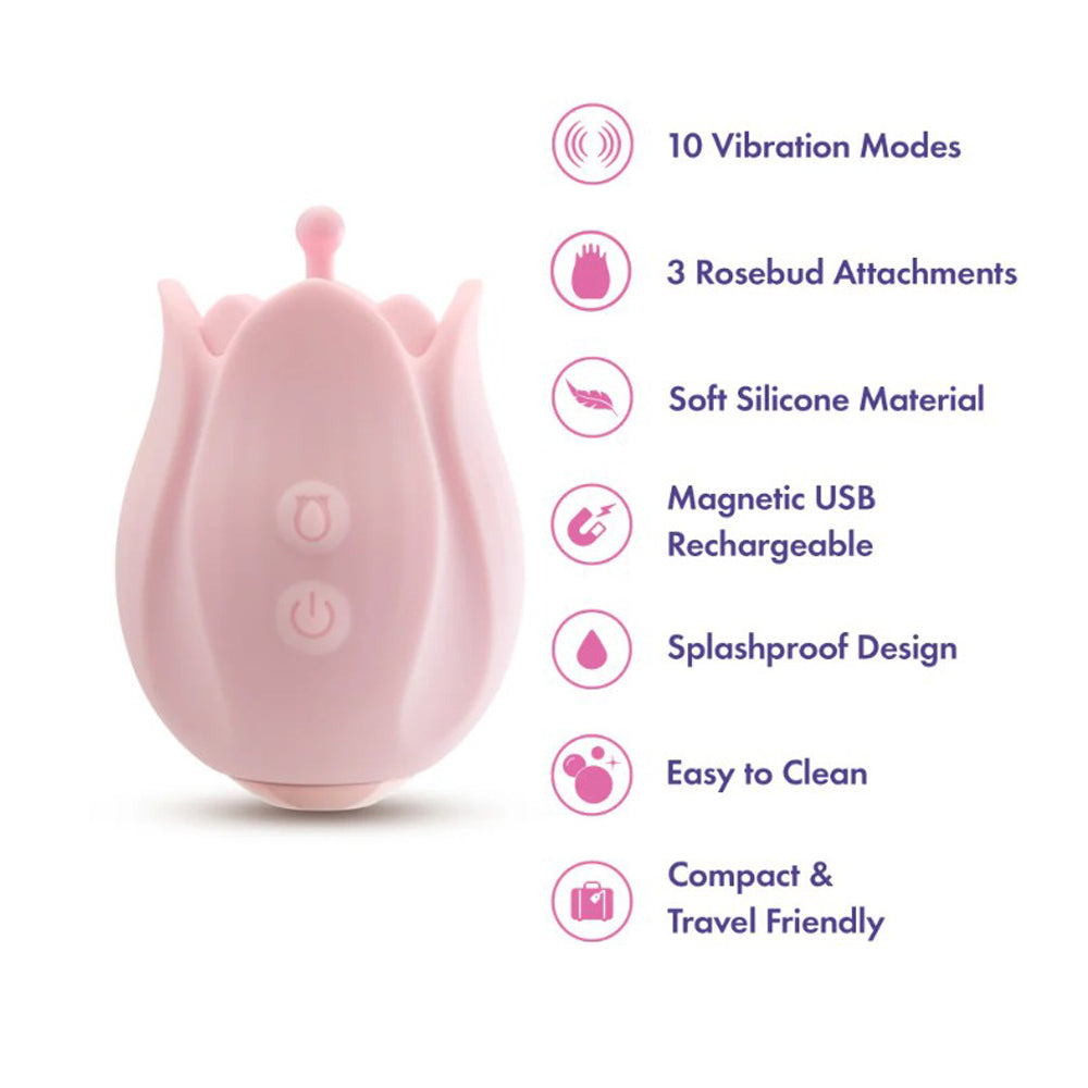 A pink, rose-shaped clitoral massager with buttons and text describing its features.