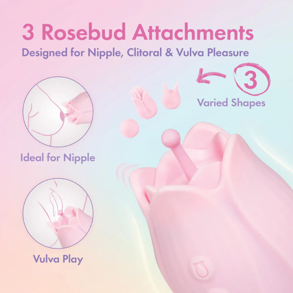 Pink clitoral massager with three rosebud attachments for varied pleasure.