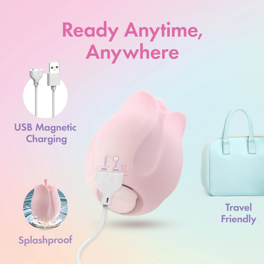 Pink rose-shaped clitoral massager with USB magnetic charging and travel bag.