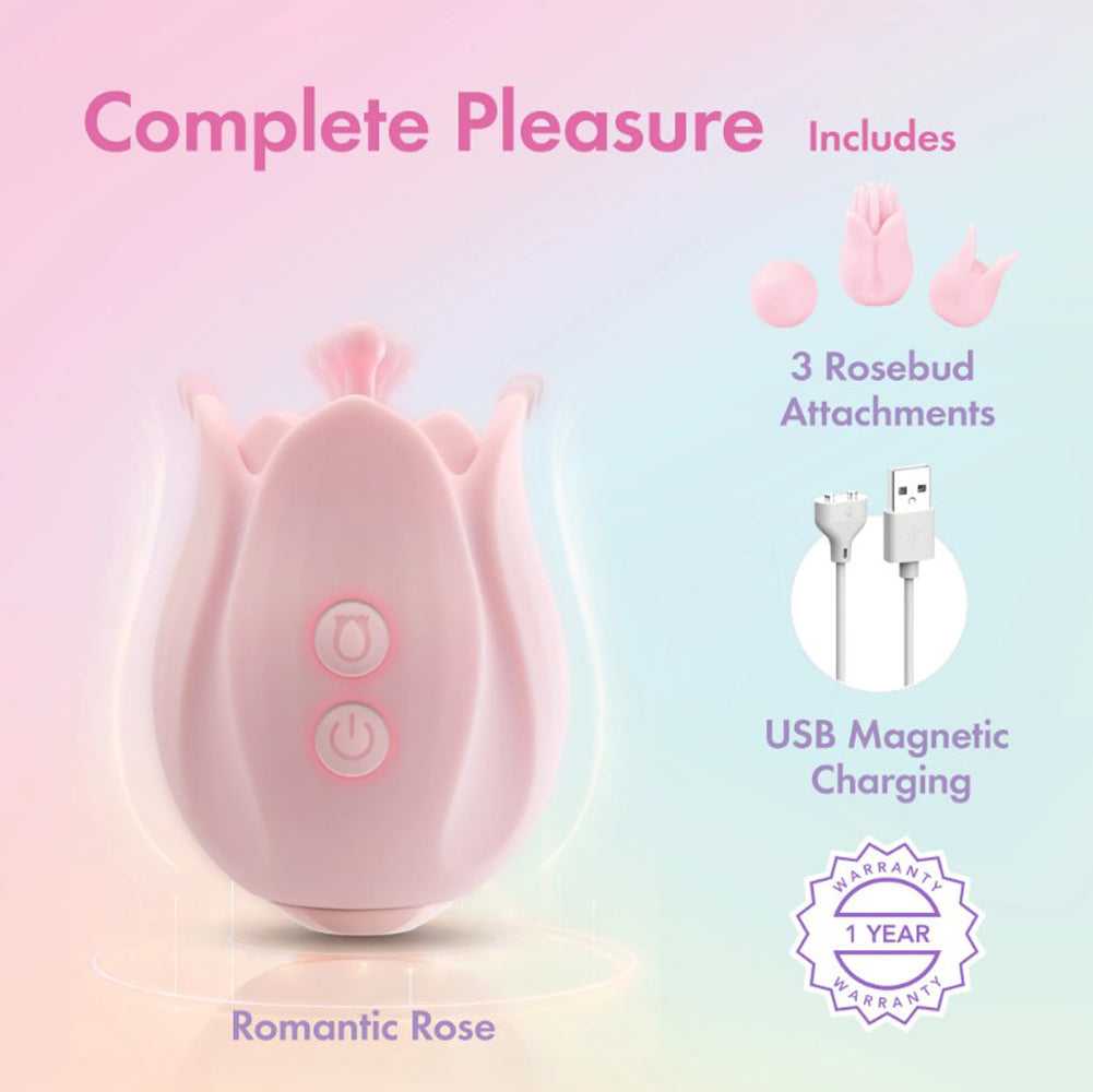 Pink rose-shaped clitoral massager with USB charging and rosebud attachments.