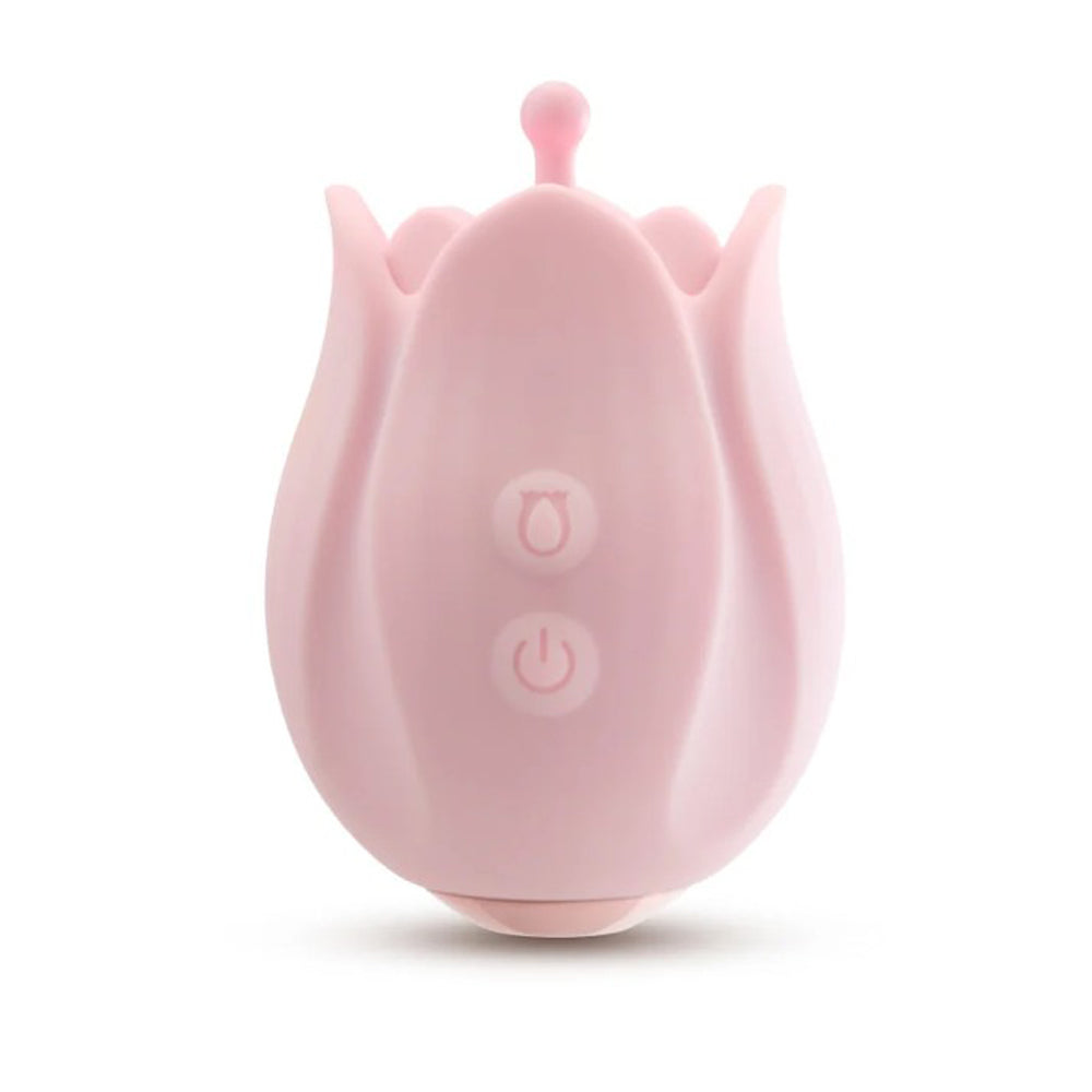 A pink, tulip-shaped silicone massager with two buttons.