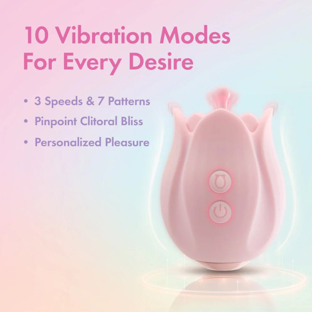 A pink, rose-shaped clitoral massager with two buttons.