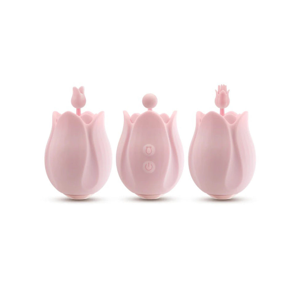 Three pink tulip-shaped clitoral massagers with flower bud tops.