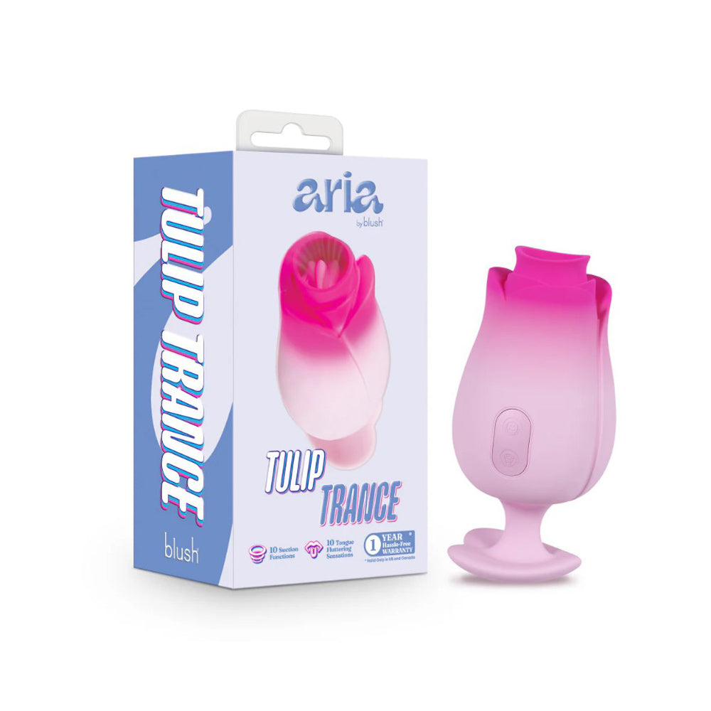 Pink silicone Tulip Trance massager with suction and fluttering functions.