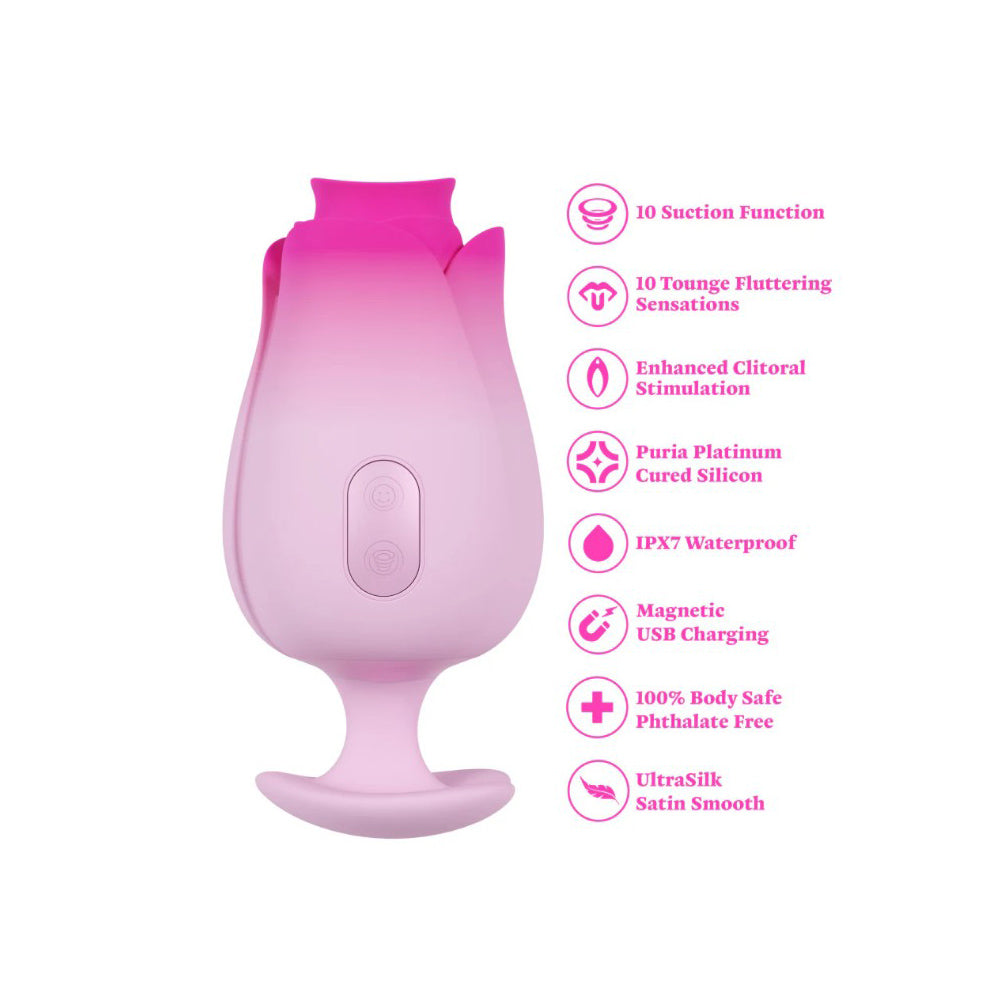 Pink tulip-shaped silicone massager with suction and fluttering features.