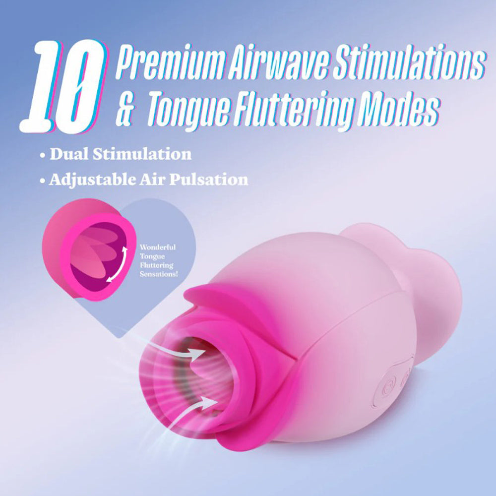 Pink silicone massager with a tulip-shaped opening and text highlighting 10 airwave and tongue fluttering modes.
