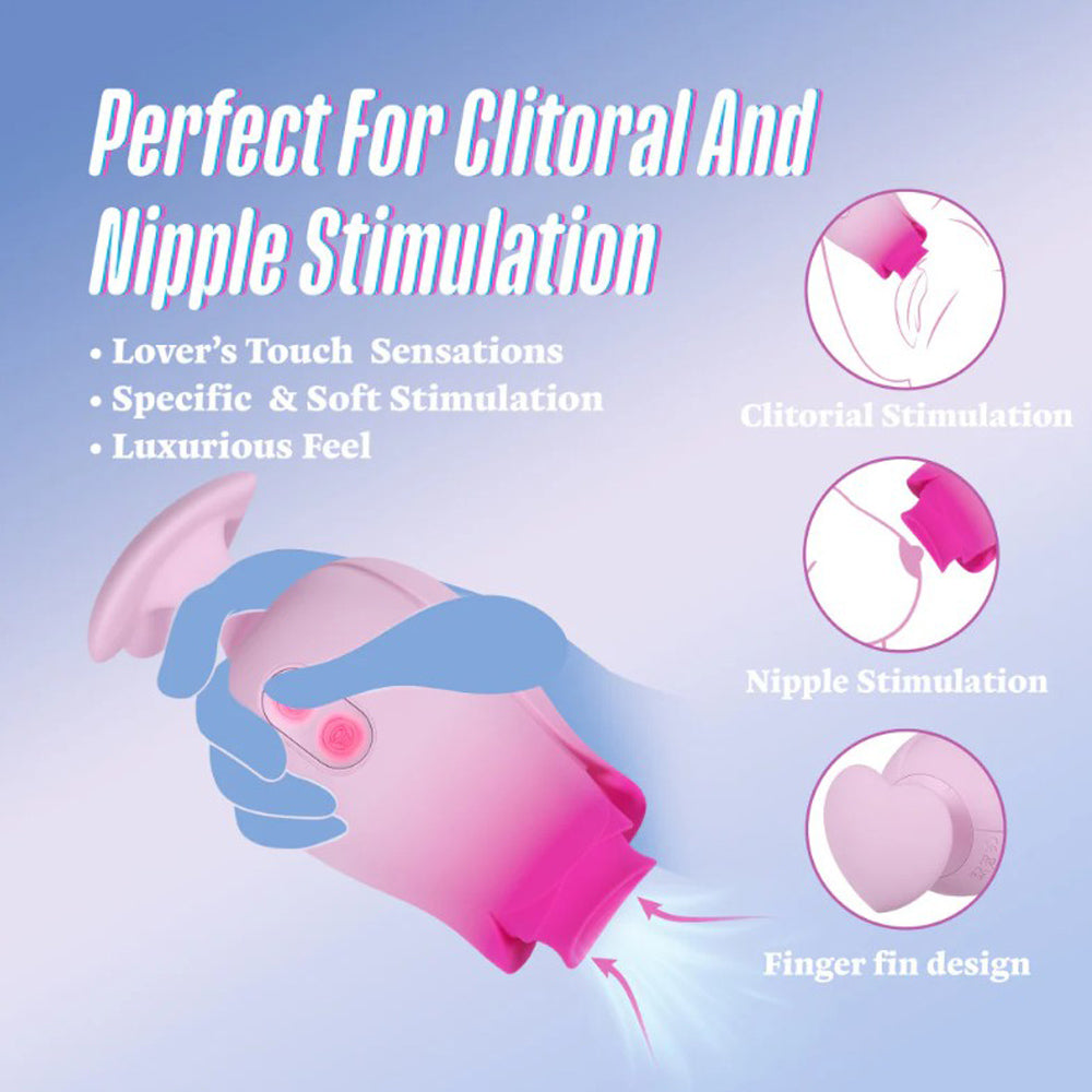 Pink silicone massager with finger fin design for clitoral and nipple stimulation.