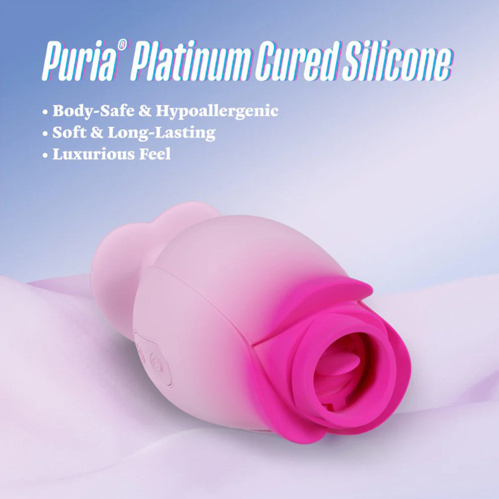 A pink silicone massager shaped like a tulip with text about its features.