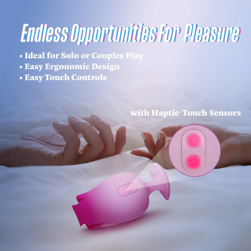 Pink silicone massager with haptic touch sensors and text about pleasure.
