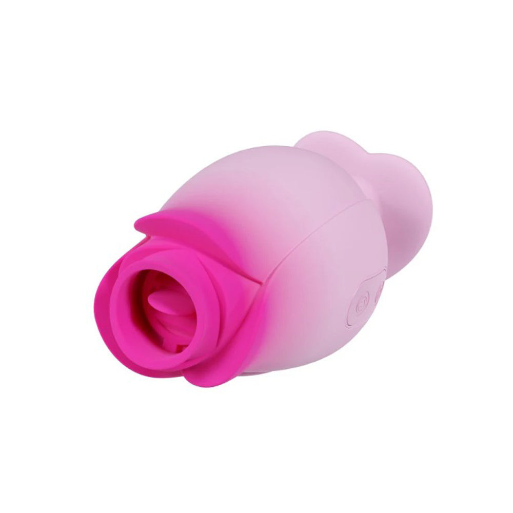 Pink silicone massager shaped like a tulip with a textured opening.