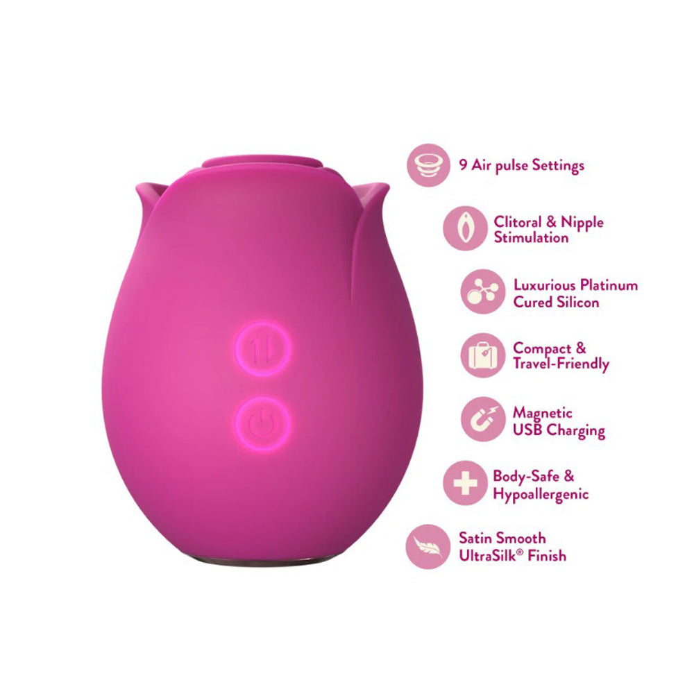 A pink rose-shaped massager with two illuminated buttons and a list of features.
