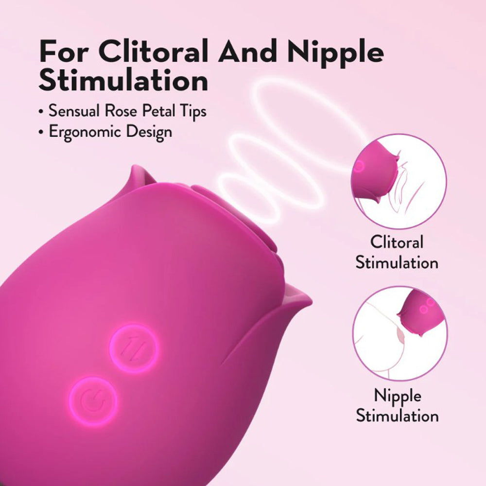 A pink rose-shaped massager with buttons, designed for clitoral and nipple stimulation.
