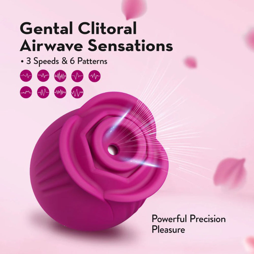 A pink rose-shaped clitoral massager with airwave suction technology.