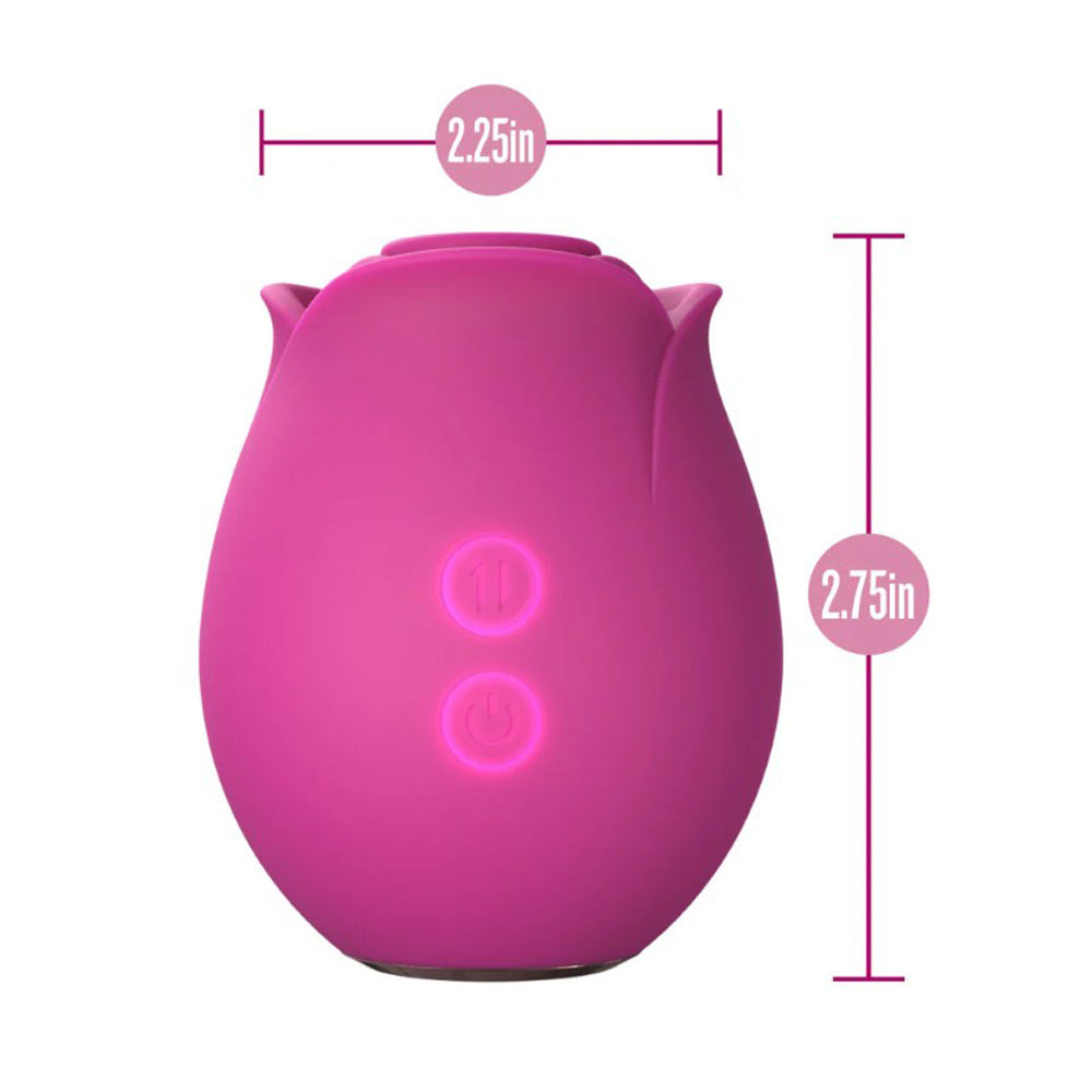A pink rose-shaped massager with two illuminated buttons and size indicators.