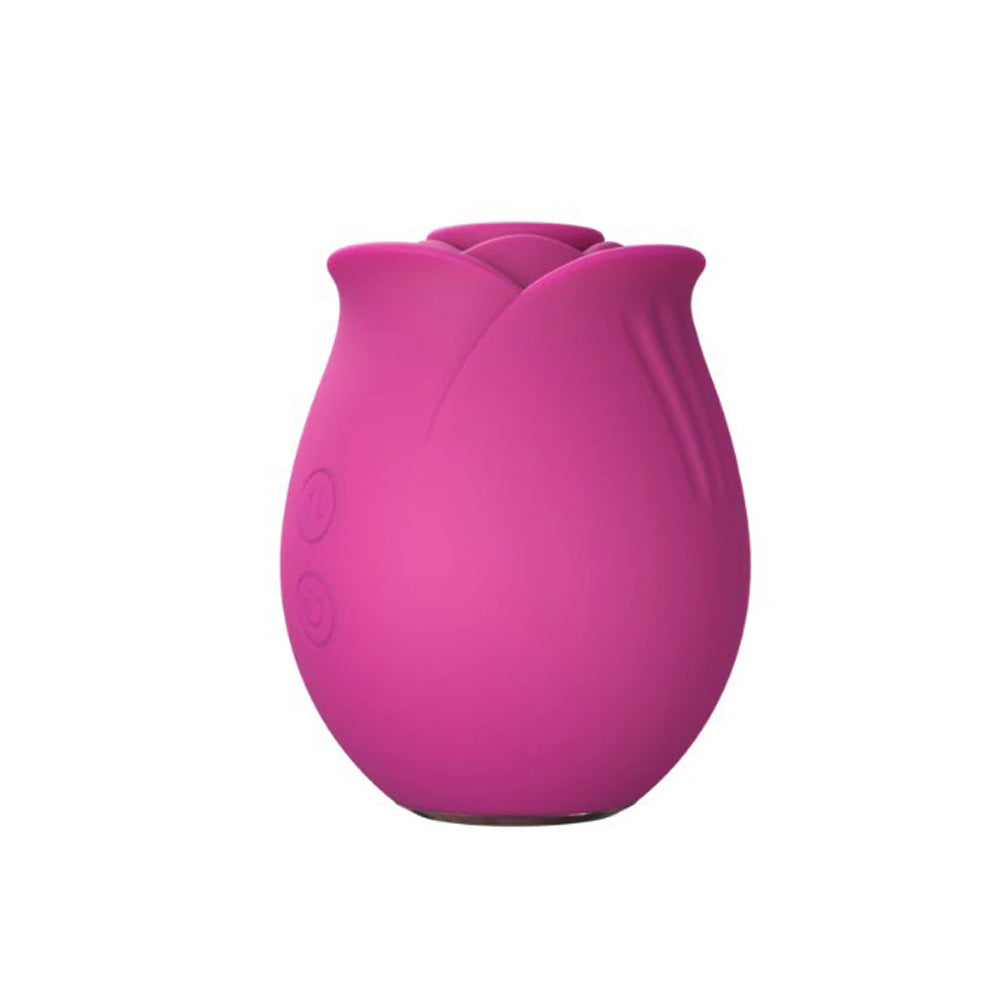 A pink rose-shaped massager with two circular buttons on the side.