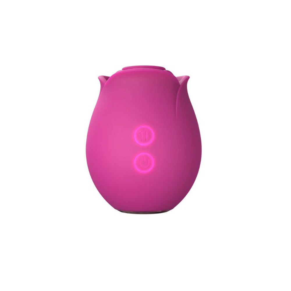 A pink rose-shaped massager with two illuminated buttons.