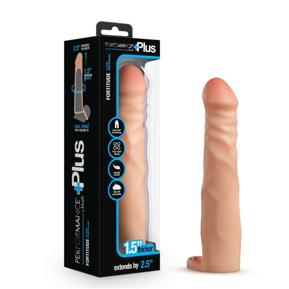 Blush Performance Fortitude silicone penis extender in blush with ball strap, boxed.